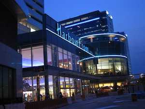Night view of the Harbourfront Centre in Toronto, Ontario, Canada, for free movies in summer