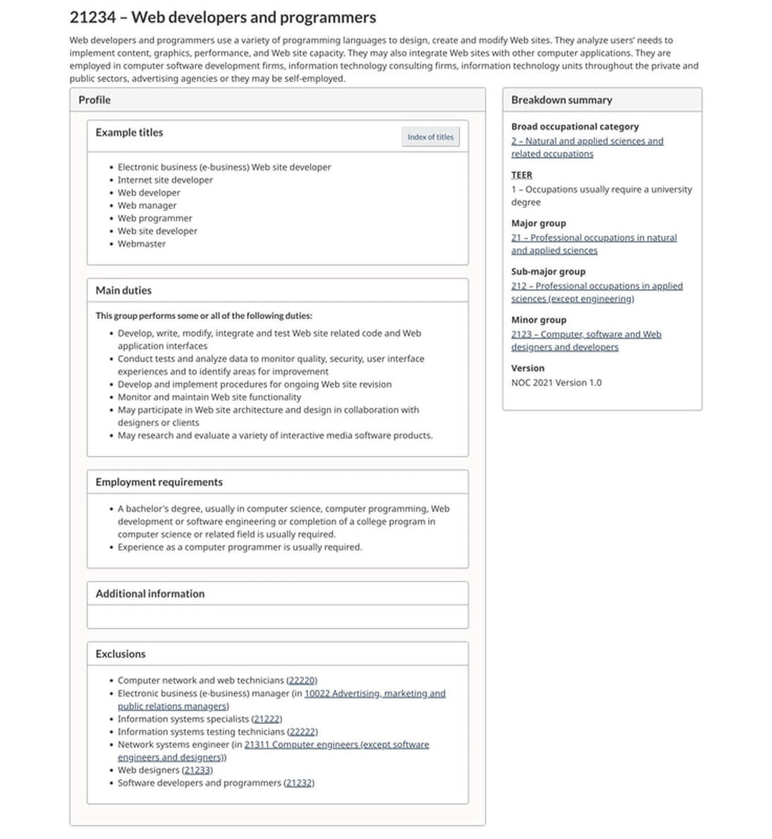 Example of National Occupational Classification (NOC) job page for Express Entry Canada